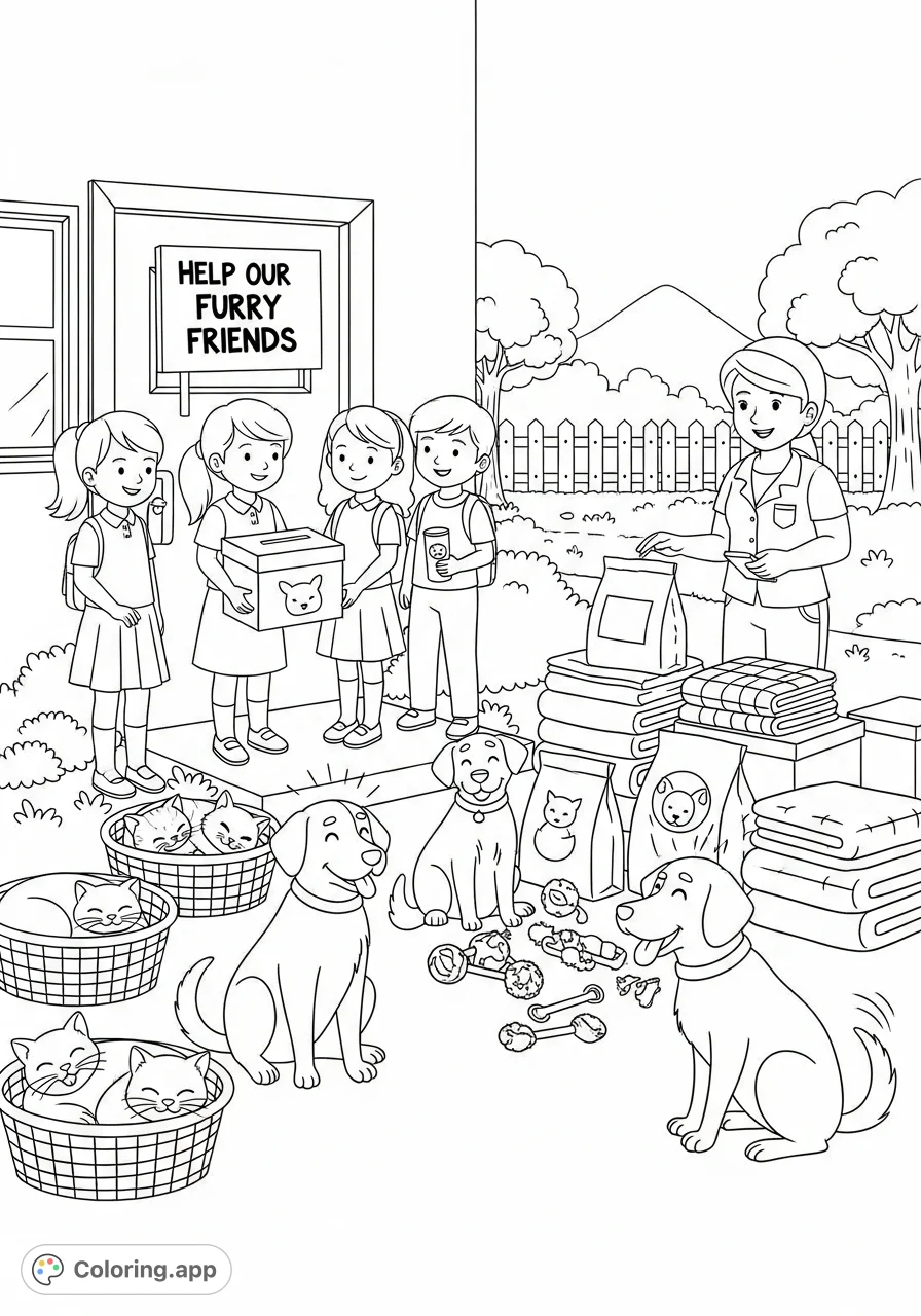 Engage with this heartwarming free printable coloring page featuring primary students collecting donations for a local animal shelter, surrounded by happy cats and dogs.