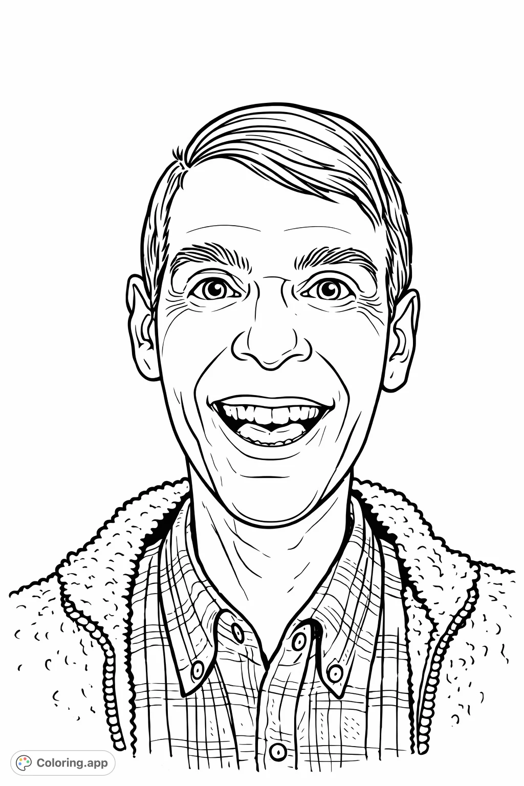 Capture the joy with this smiling man portrait coloring page. A friendly face in a cartoony style, perfect for adding your favorite shades and spreading cheer.