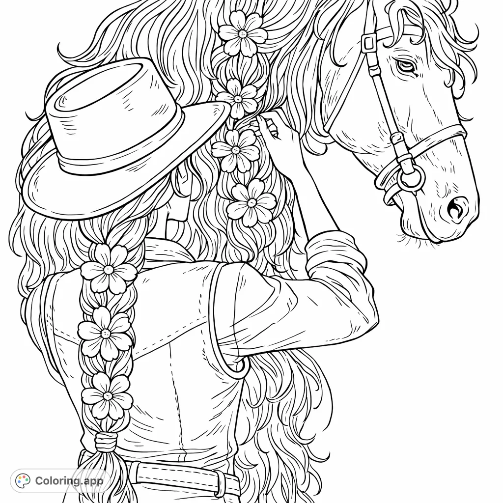 A touching scene of a cowgirl gently adorning her horse's flowing mane with delicate blossoms, reflecting their deep bond. A perfect western-themed coloring page.