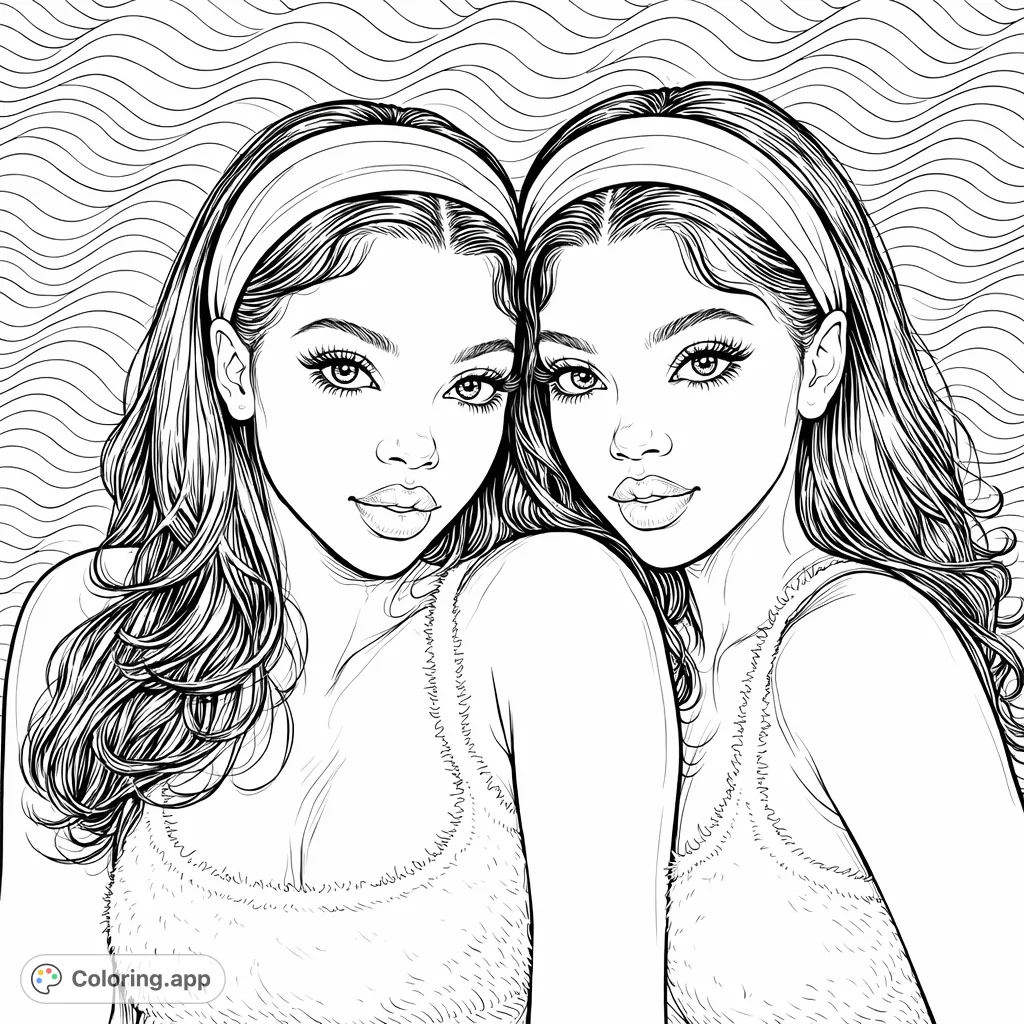 An elegant duo of two young women with intricate details, flowing hair, and textured tops. A captivating portrait for fashion enthusiasts.