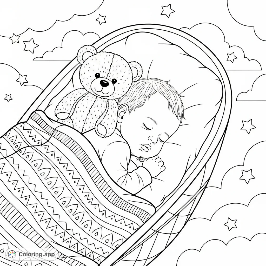 Discover a charming baby coloring page featuring a serene sleeping baby, a cozy blanket, and a plush teddy bear, set against a dreamy background.