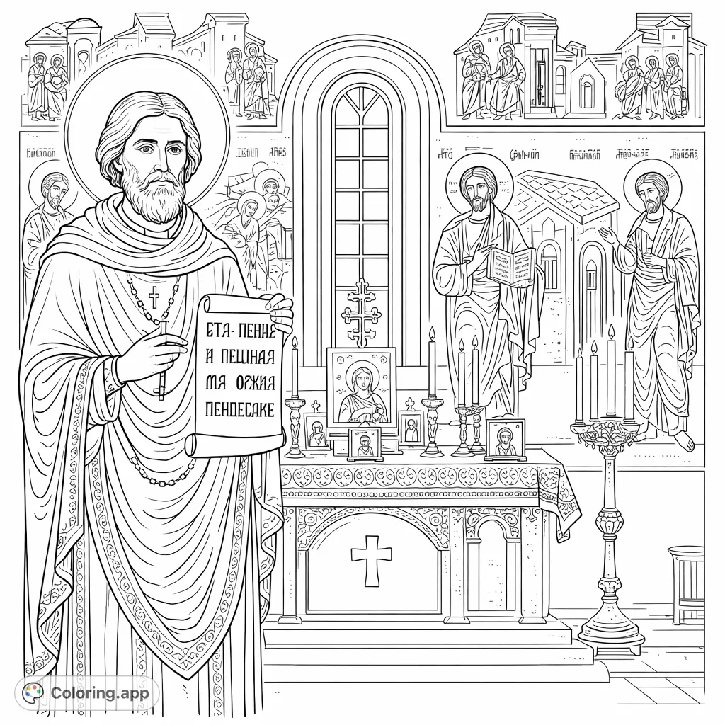 An inspiring coloring page featuring a robed figure with a halo holding a scroll, set within a richly detailed sacred interior with altar and murals.