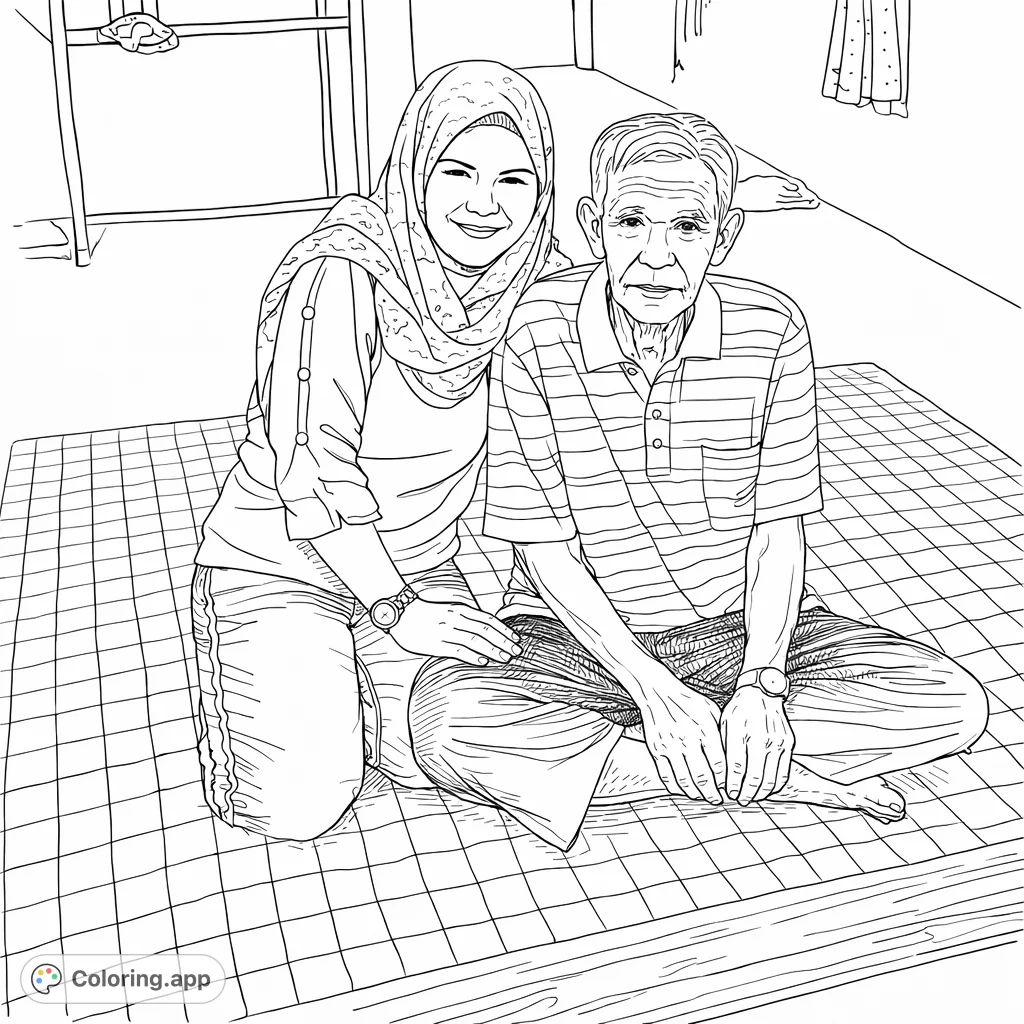 Capturing a touching generational portrait of two individuals seated on a patterned mat. This family coloring page invites intricate detail and personal expression.