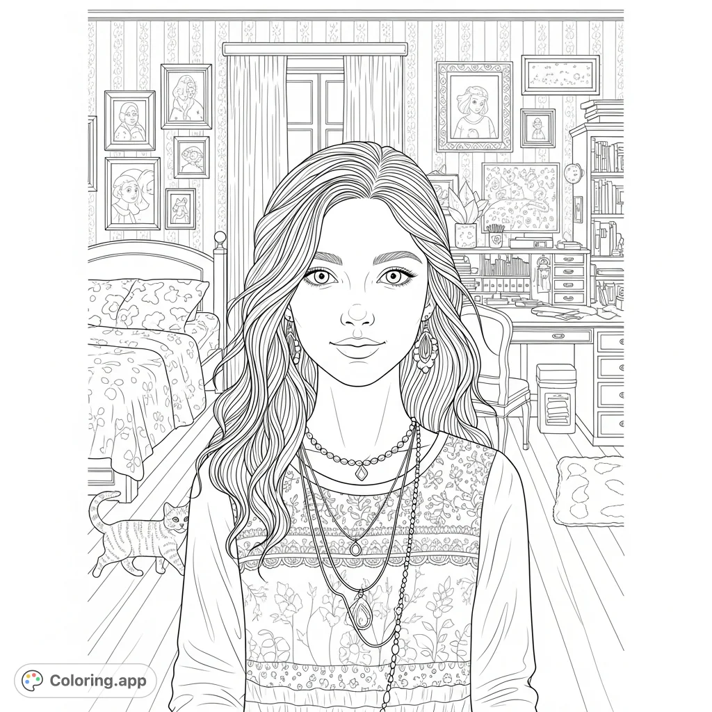 A detailed coloring page featuring a realistic teenage girl in her well-decorated room, with a playful cat strolling in the background. Perfect for self-expression.