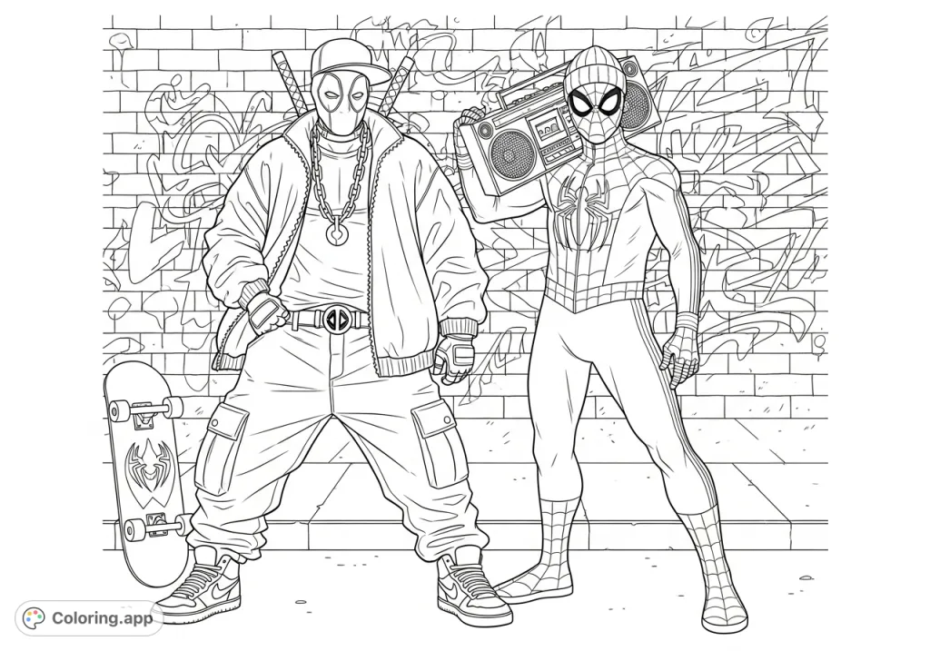 Unleash your creativity with this dynamic hip-hop themed Deadpool and Spider-Man coloring page, featuring urban street style and vibrant graffiti.