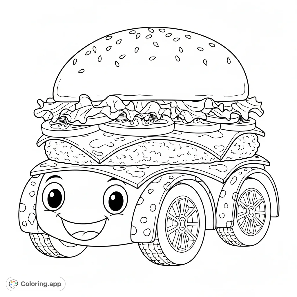 Zoom into fun with this smiling cheeseburger mobile! A delightful food-themed vehicle with cheese rims, happy eyes, and yummy toppings for creative coloring.