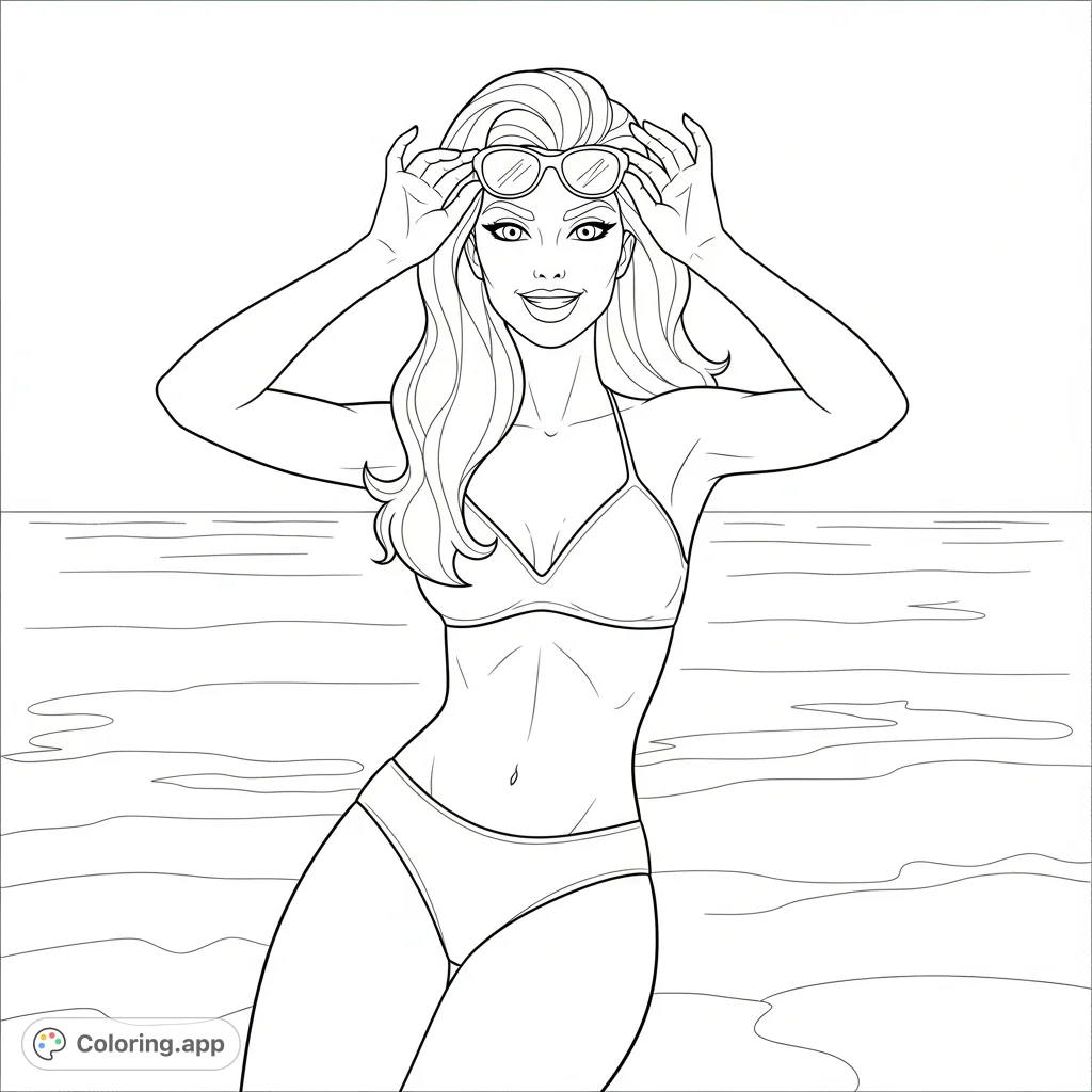 A powerful woman relaxes on a beach, adjusting her eyewear. This engaging coloring page captures a seductive, confident pose with a scenic ocean backdrop.
