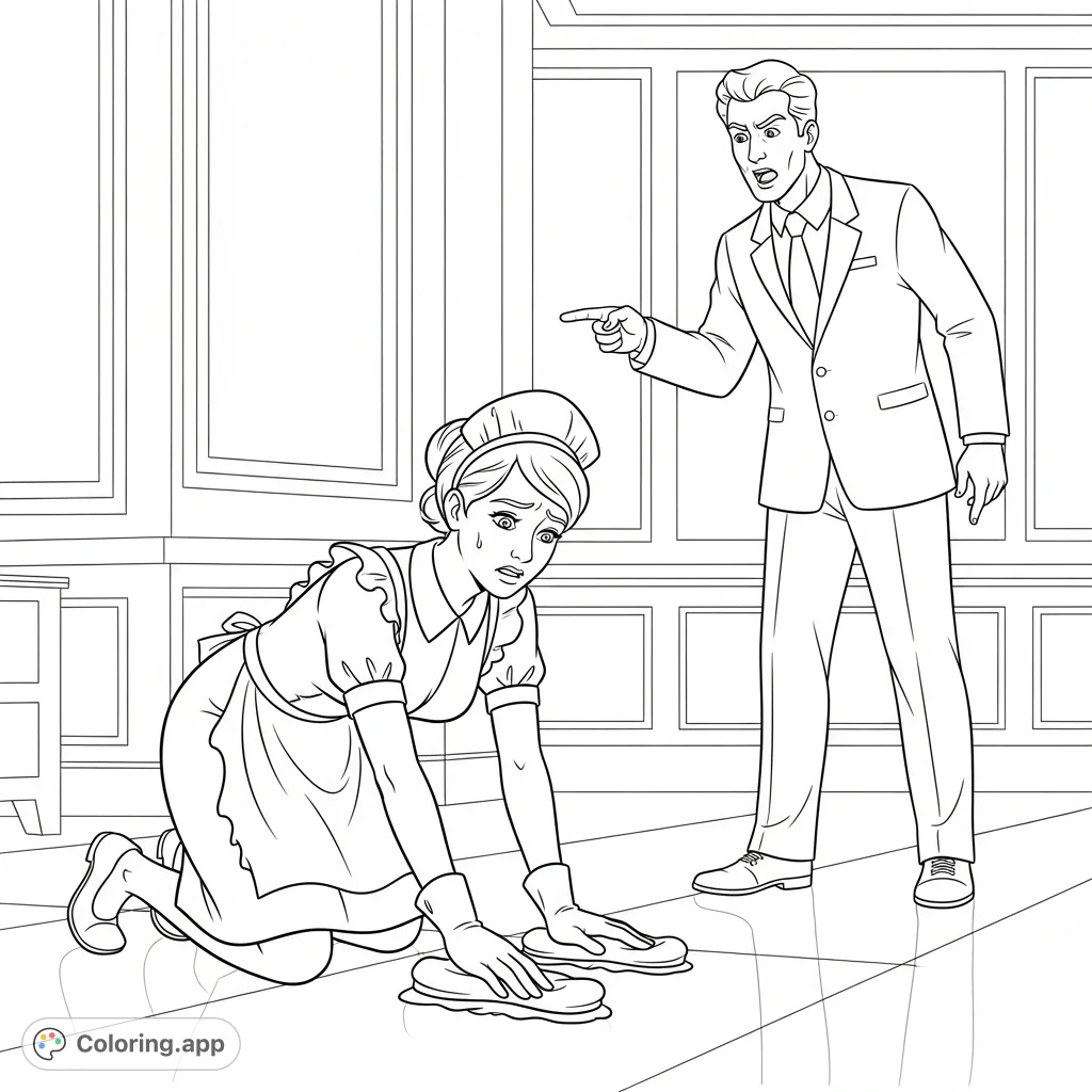 A nervous French maid diligently cleans under the watchful, demanding eye of her CEO boss. This adult coloring page explores themes of power dynamics.