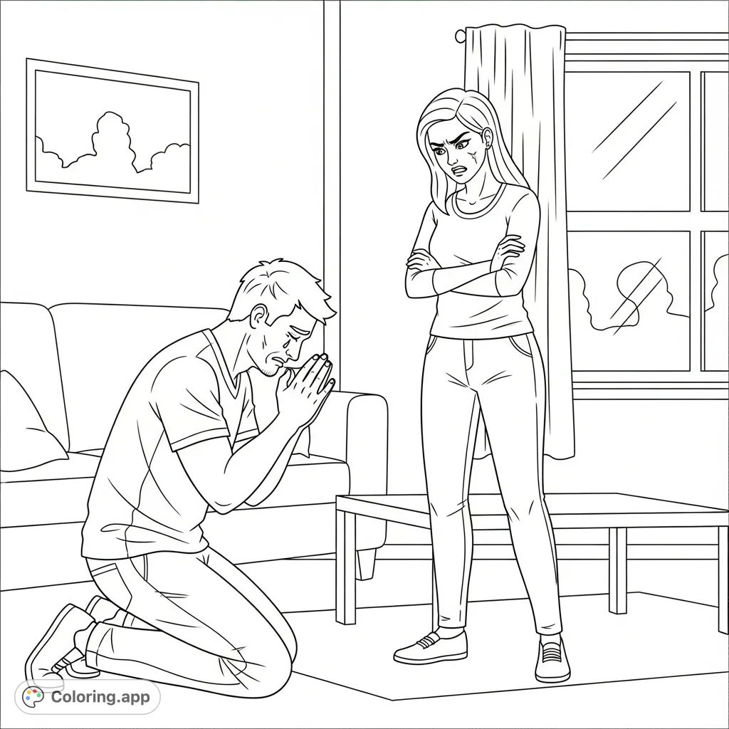 A dramatic scene unfolds as a boyfriend on his knees pleads for forgiveness from his stern-faced girlfriend who stands over him, capturing a moment of intense emotion.