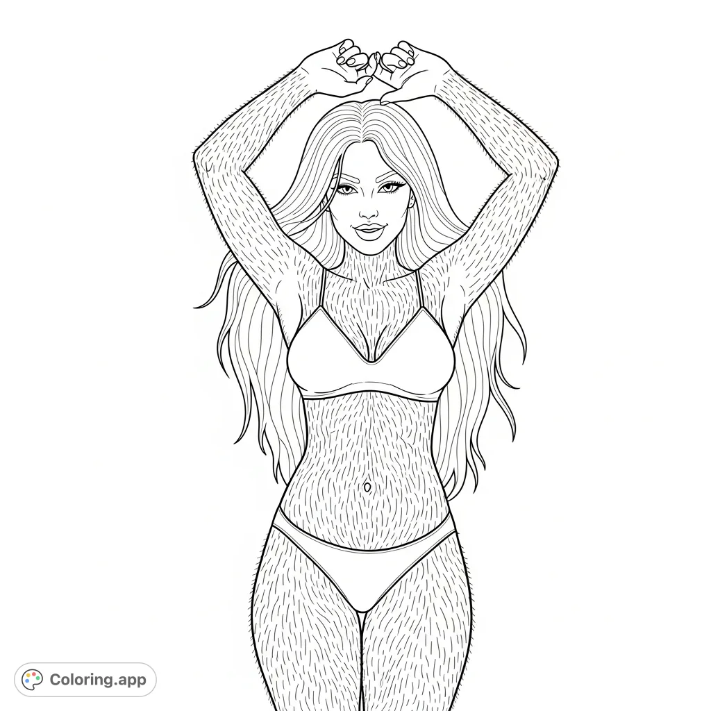 Discover a striking coloring page featuring a voluptuous woman with long, luxurious body hair, a mischievous grin, and hypnotic eyes, posed alluringly in a minimal bikini.