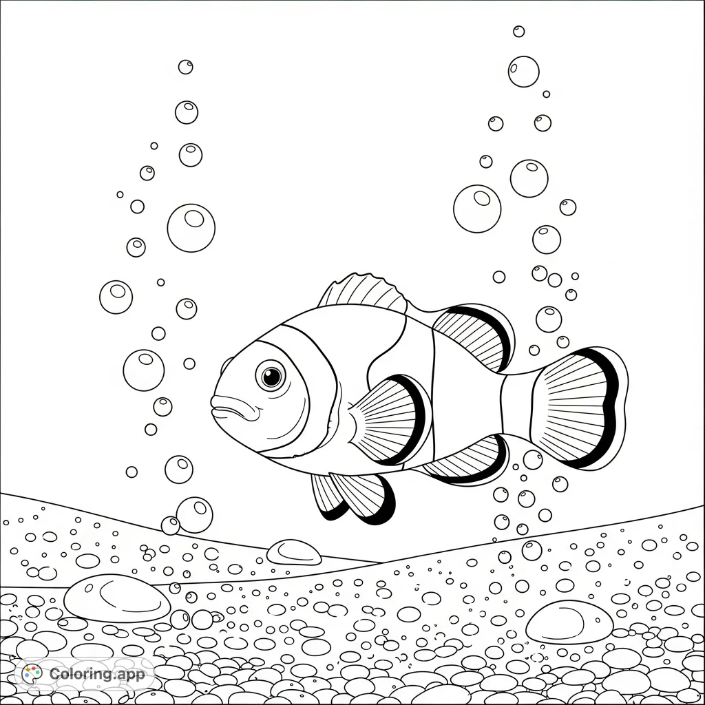 Dive into an underwater world with a cheerful clownfish surrounded by effervescent bubbles, set against a detailed ocean floor. A delightful animal coloring page.