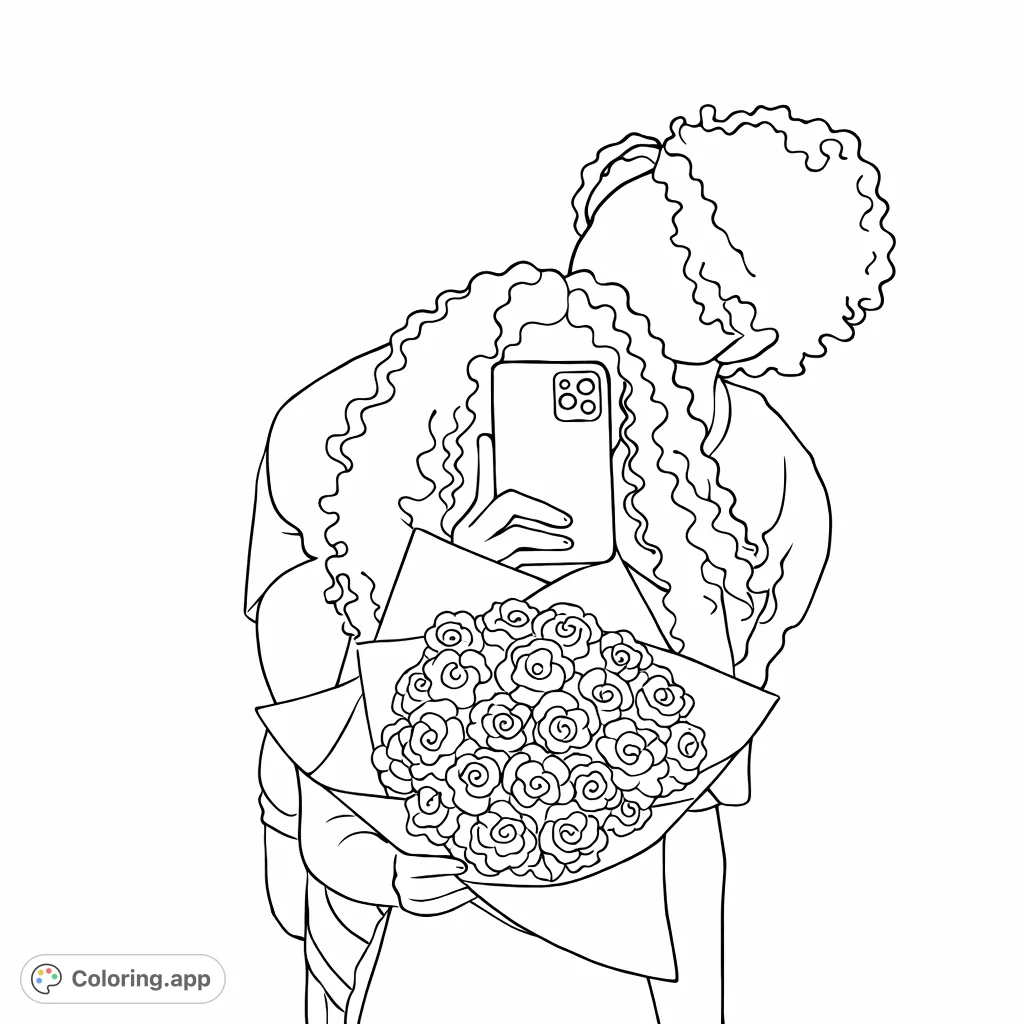 Capture a moment with this selfie coloring page featuring a person with curly hair holding a phone and a beautiful bouquet of flowers. Perfect for personal expression.