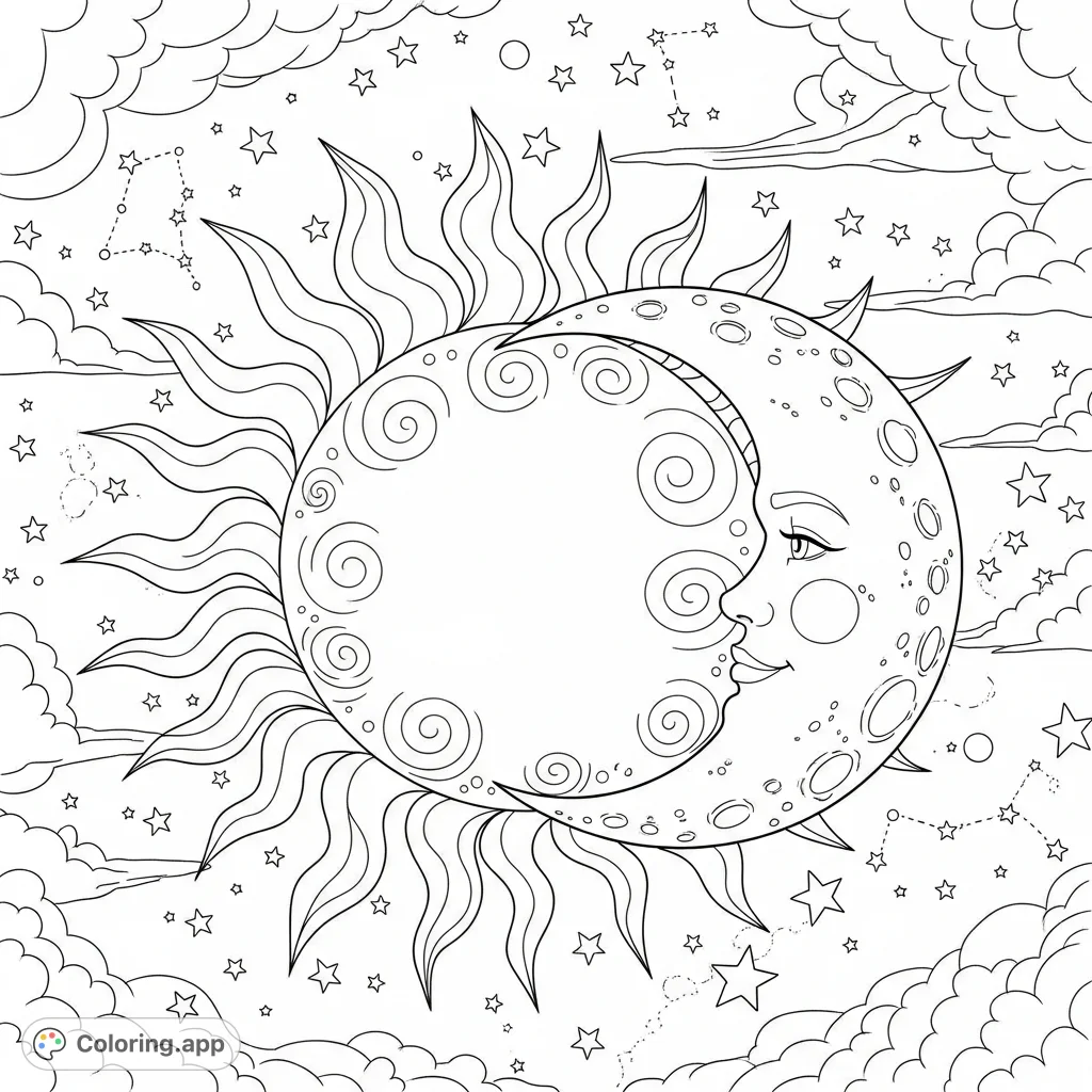 Explore the wonders of the cosmos with this celestial sun and moon coloring page. Intricate details of stars and cosmic patterns await your artistic touch.