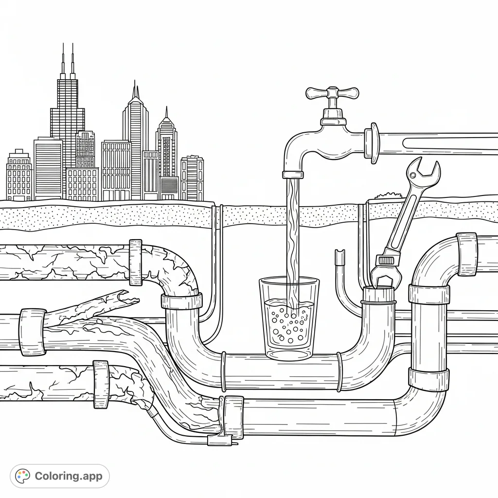 Visualize Chicago's water infrastructure challenge with old pipes and new solutions. A thoughtful coloring page promoting clean water awareness for North Lawndale.