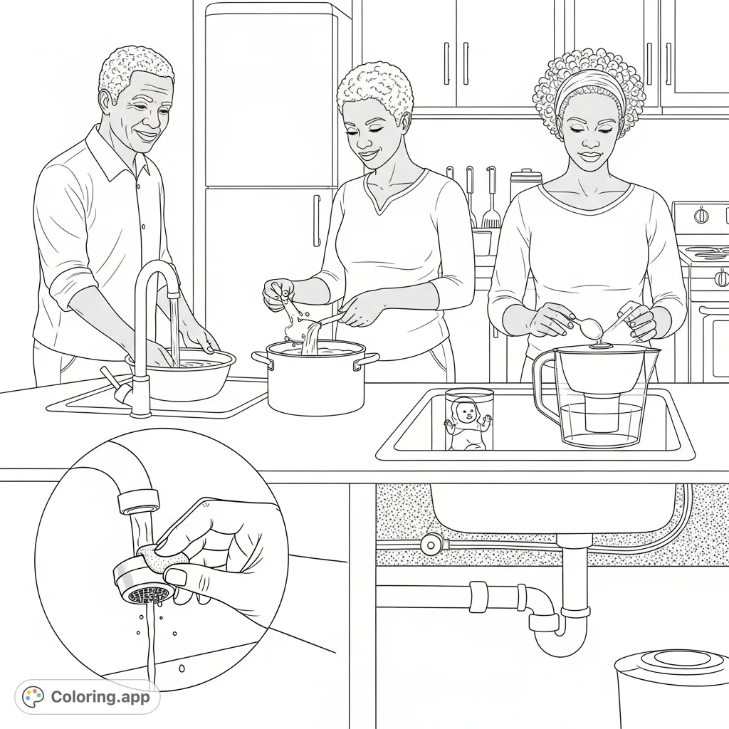 An African American family demonstrates vital lead-safe water practices: running taps, using cold water, filtering, and cleaning aerators for healthy homes.