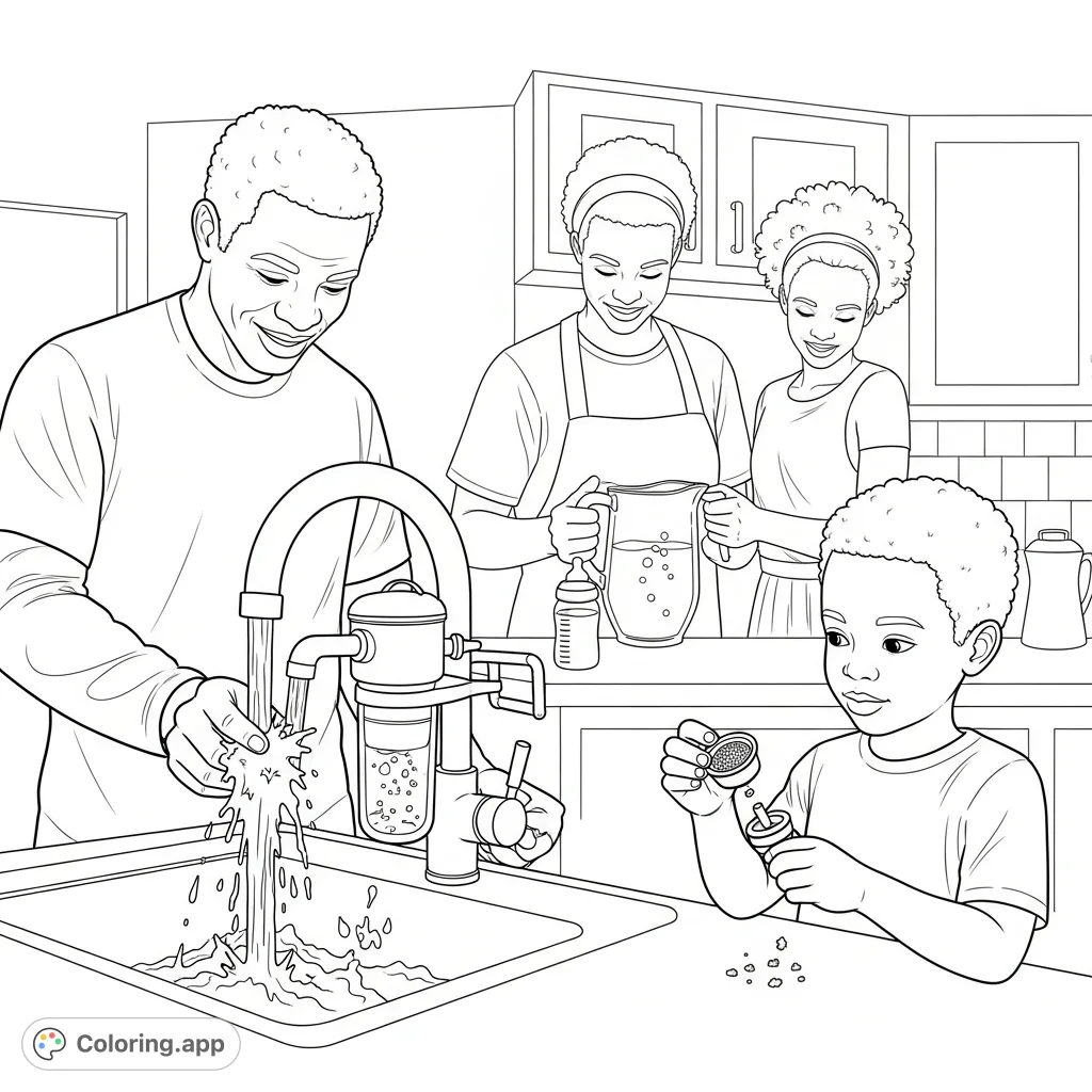 An African American family demonstrates vital lead prevention tips for safe water, covering running taps, cold water use, filters, and aerator cleaning.
