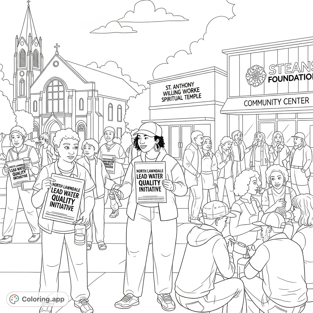 A community scene depicting North Lawndale residents engaging in the Lead Water Quality Initiative, distributing flyers, and conducting water tests. Promotes awareness and safety.
