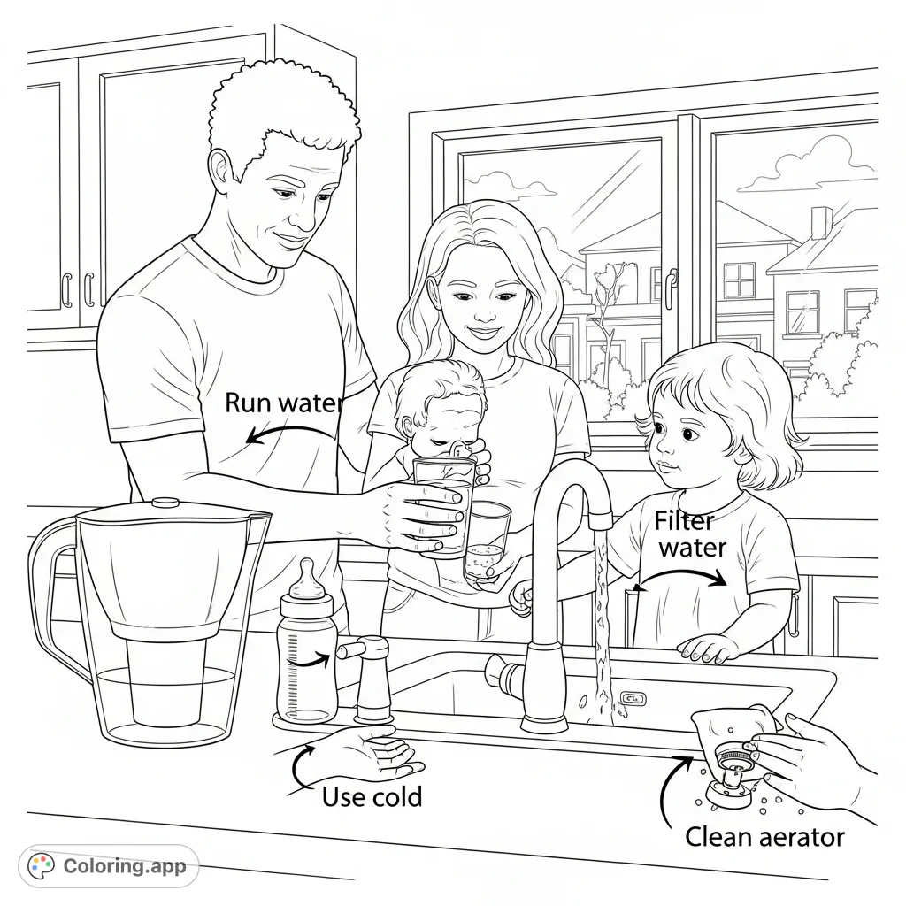 Learn essential safe water practices for your home. This educational coloring page illustrates running water, using cold water, filtering, and cleaning aerators to prevent lead contamination.