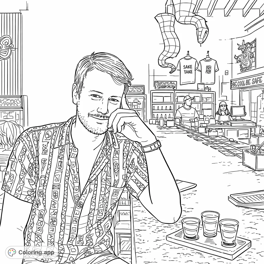 A man with a mustache relaxes at a bar, featuring intricate shirt patterns and a lively background. Perfect for adult coloring enthusiasts.