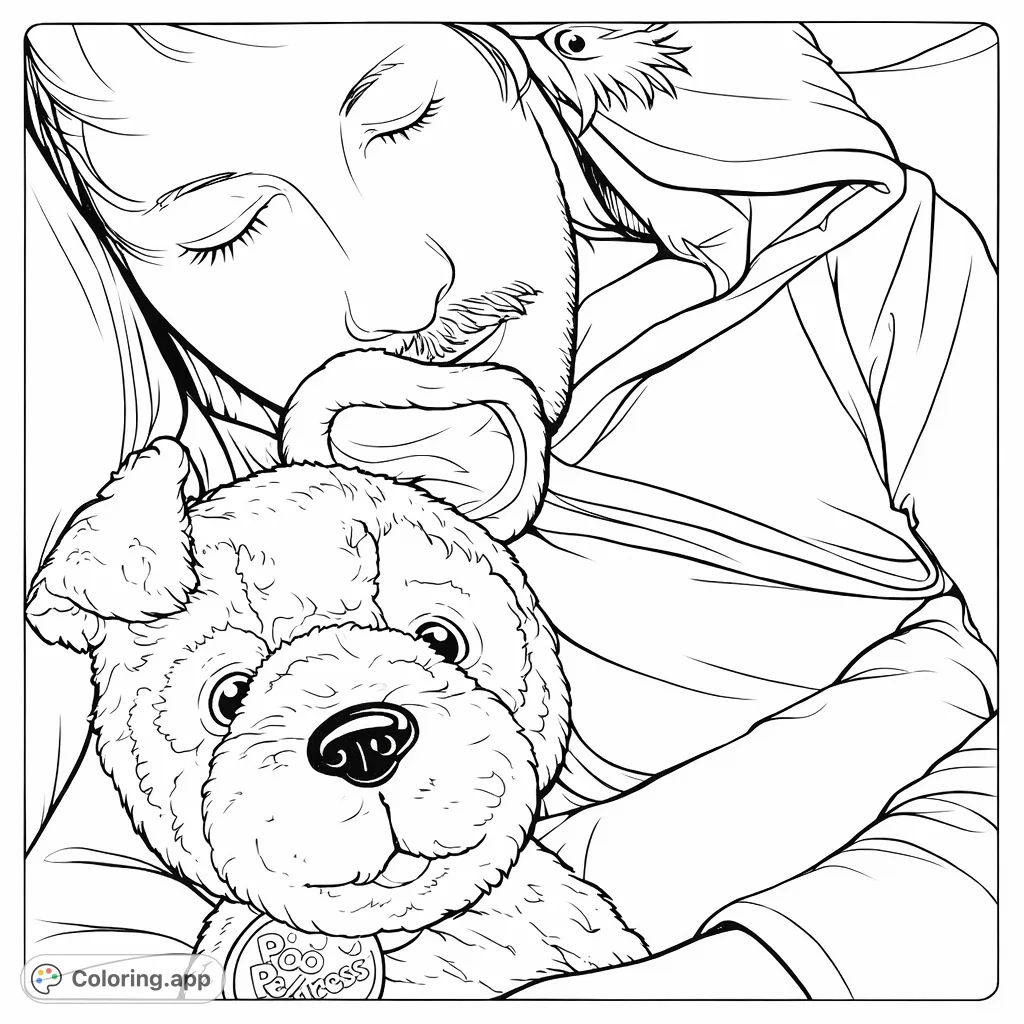 Discover a heartwarming scene of peaceful slumber, featuring a person napping cozily with their beloved plush dog toy. A perfect moment of comfort and serenity.