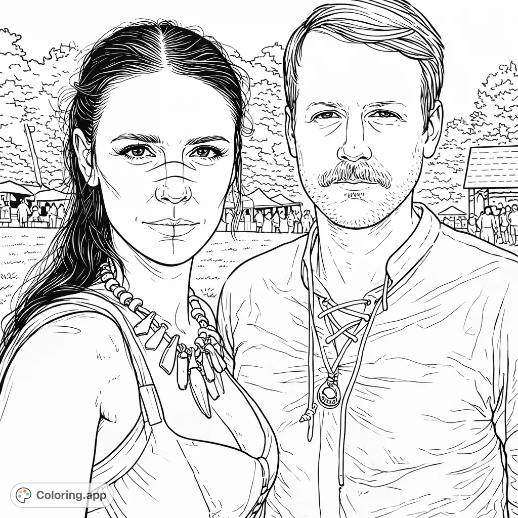 Color this striking portrait of a festival couple featuring a woman with unique facial markings and a man with a distinct mustache. Perfect for fantasy and historical enthusiasts.
