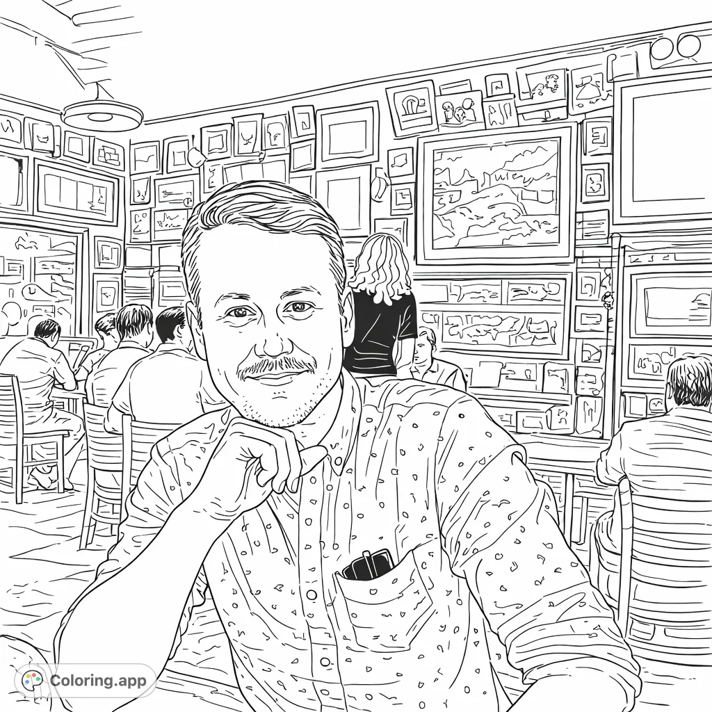 Color a detailed portrait of a man with a mustache in a relaxed pose, set against a rich background of framed art in a cozy, atmospheric cafe interior.