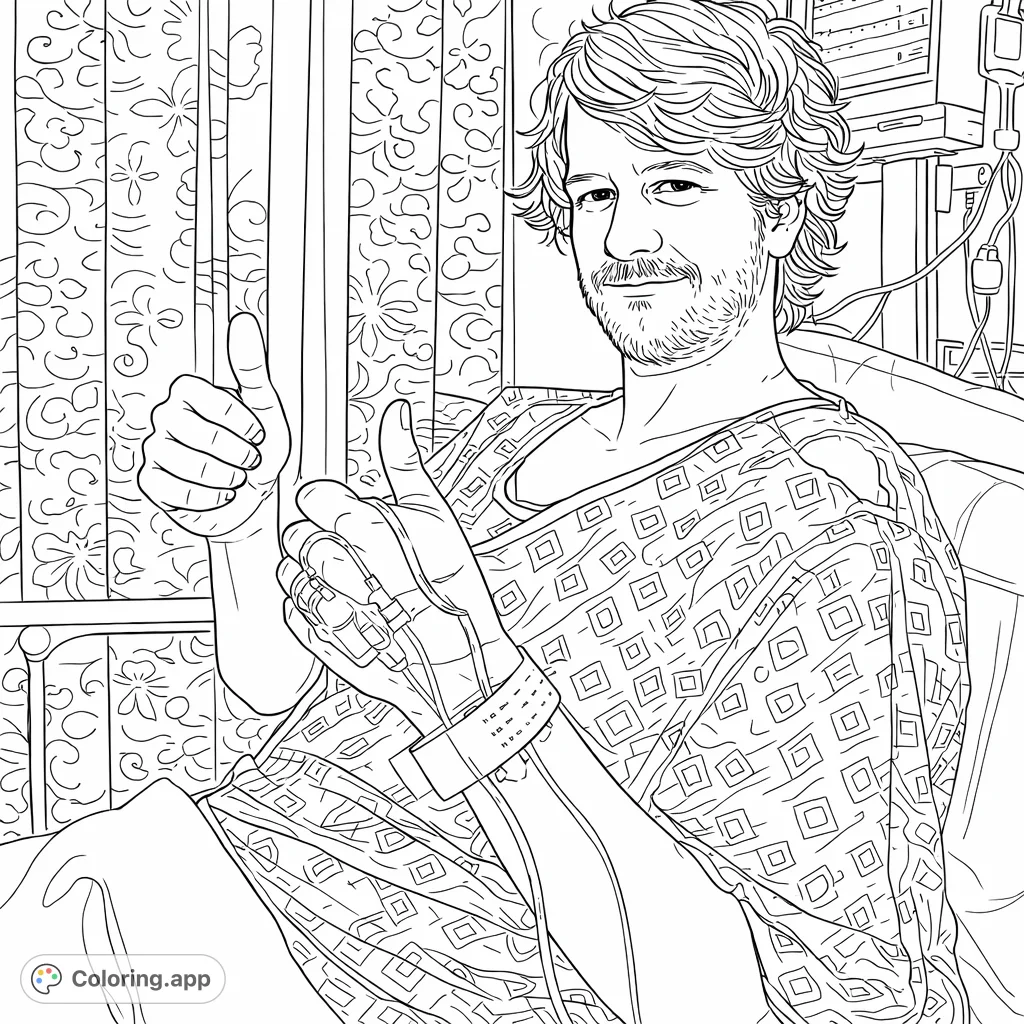 A man in a hospital gown gives two thumbs up, signifying a positive outlook during his hospital stay. Features detailed hospital environment elements.