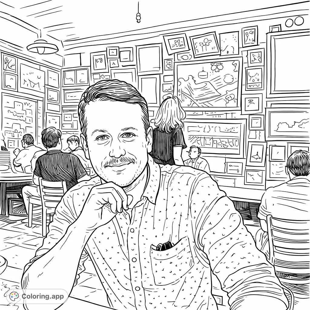 Color a man with a mustache in a patterned shirt, casually posed in a room filled with framed art. Features a busy, social background.