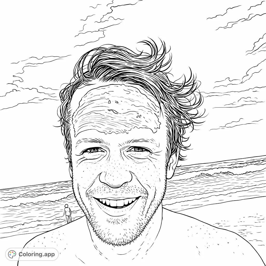 Capture a cheerful individual at the beach, featuring textured sun protection and a lively ocean backdrop. A refreshing summer scene for creative coloring.