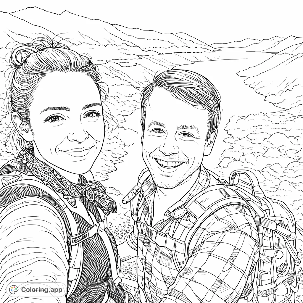 Capture the joy of two adventurers on a mountain summit, overlooking a vast landscape of peaks, clouds, and a winding waterway. A scenic hiking coloring page.