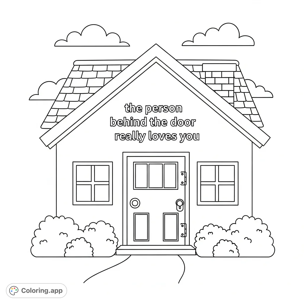 A delightful house coloring page featuring a special cut-out door revealing a heartfelt message: "the person behind the door really loves you".