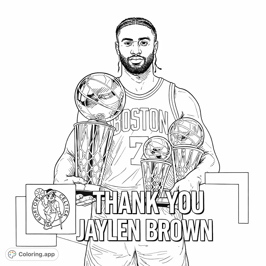 Celebrate victory with this realistic basketball player holding multiple championship trophies. A dynamic sports fan coloring page for all ages.