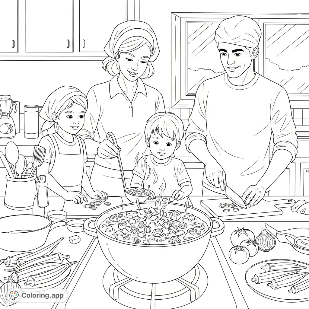 A free printable okra stew coloring page featuring a family cooking together in their kitchen. Perfect for foodies and budding chefs!