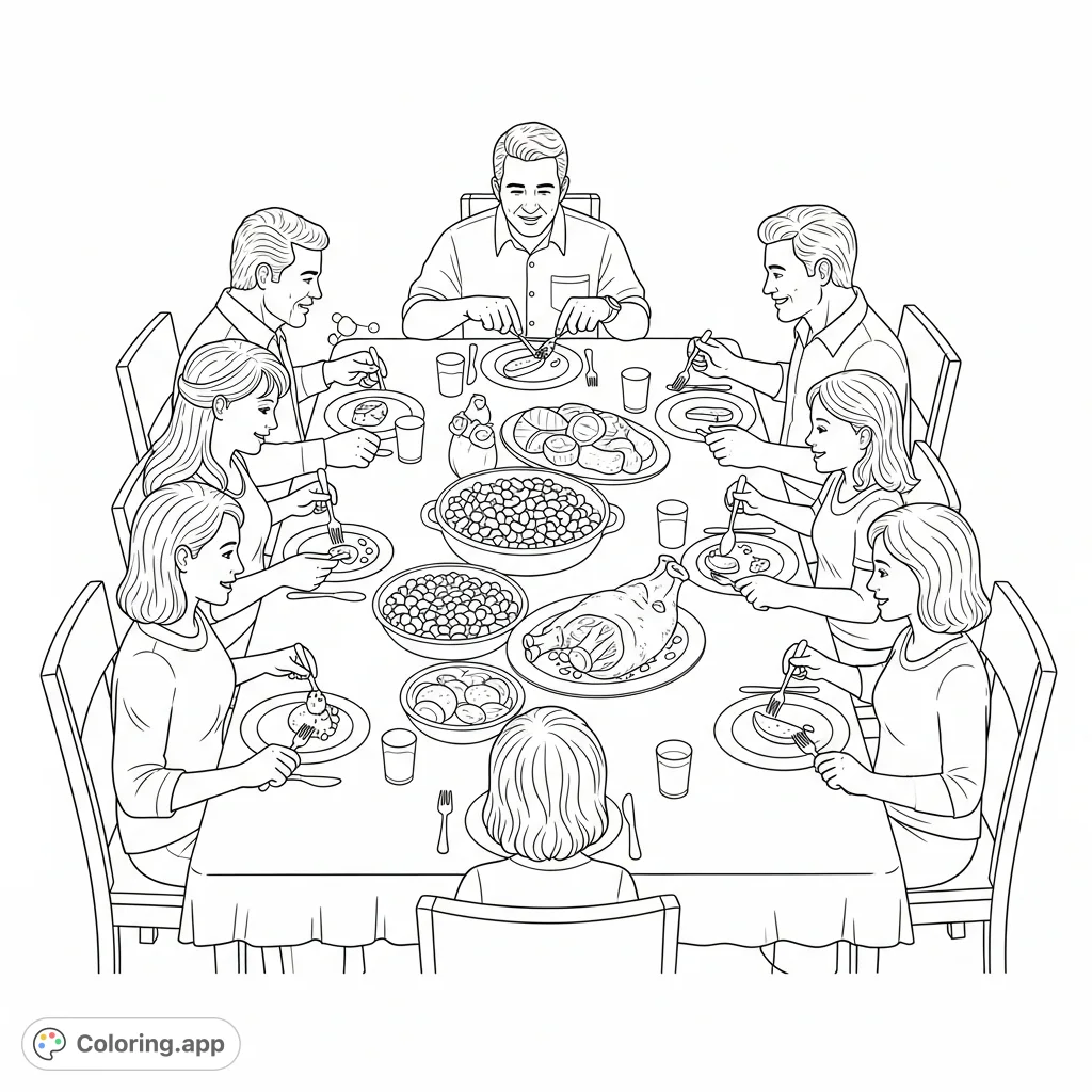 A heartwarming family coloring page featuring a traditional Southern meal of black-eyed peas and hoghead shared around a table. A cozy family food coloring page.