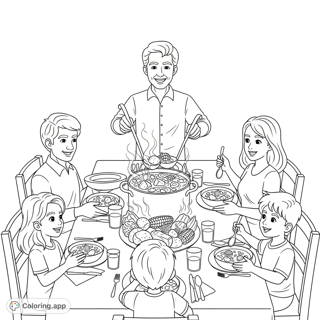 A heartwarming sancocho soup coloring page depicting a happy family gathering, sharing, and serving a delicious meal together.