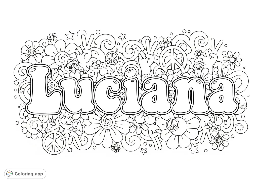 A delightful Luciana groovy flowers coloring page with whimsical floral designs and peace signs, perfect for a personalized, fun coloring experience.