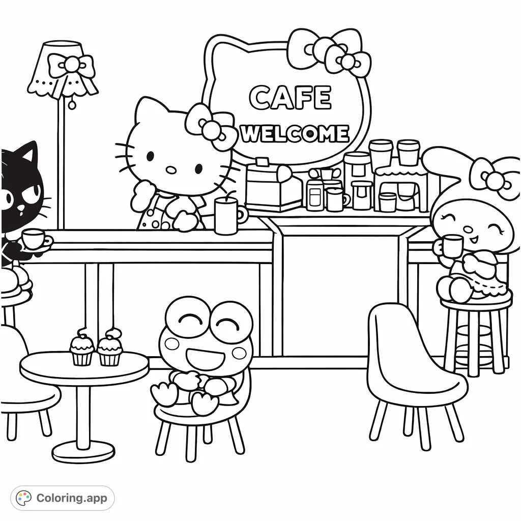Join Hello Kitty, My Melody, and Keroppi in a delightful cafe scene. A whimsical gathering of beloved characters enjoying treats and drinks.