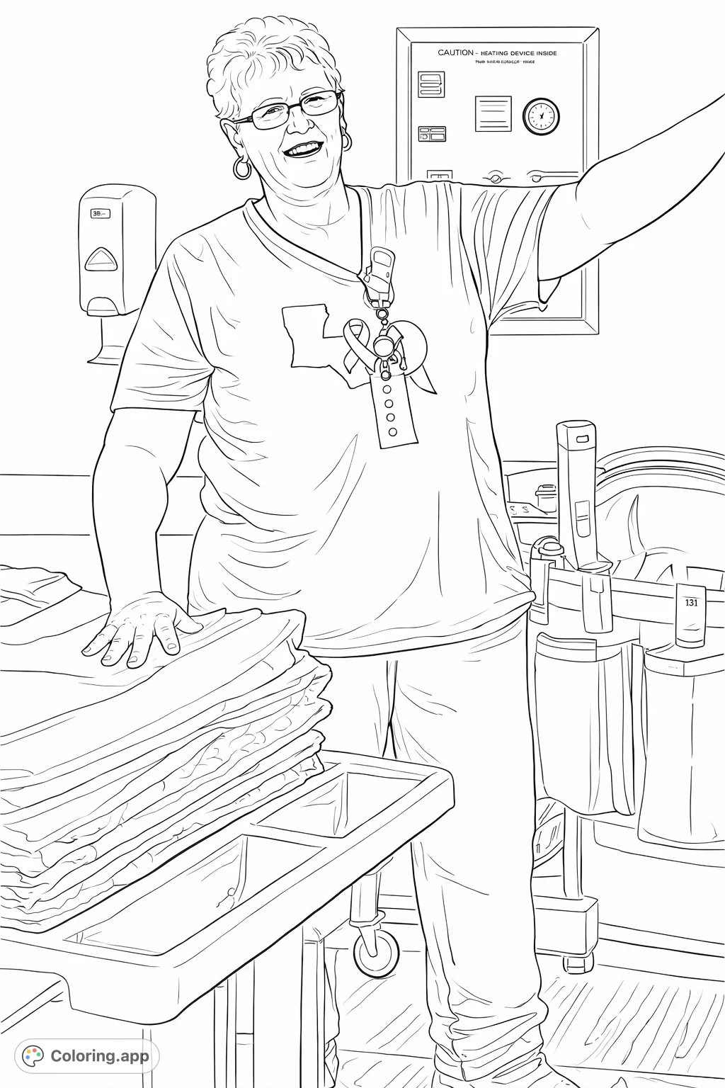 A friendly service professional stands with a utility cart filled with supplies, featuring a unique t-shirt design. Perfect for celebrating everyday heroes.