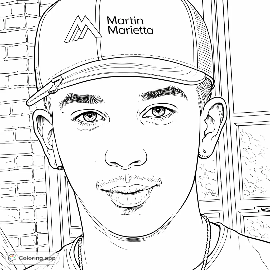 Capture a stylish young man in a cap, featuring a detailed logo and earbud. This modern portrait offers a fun coloring experience for all ages.