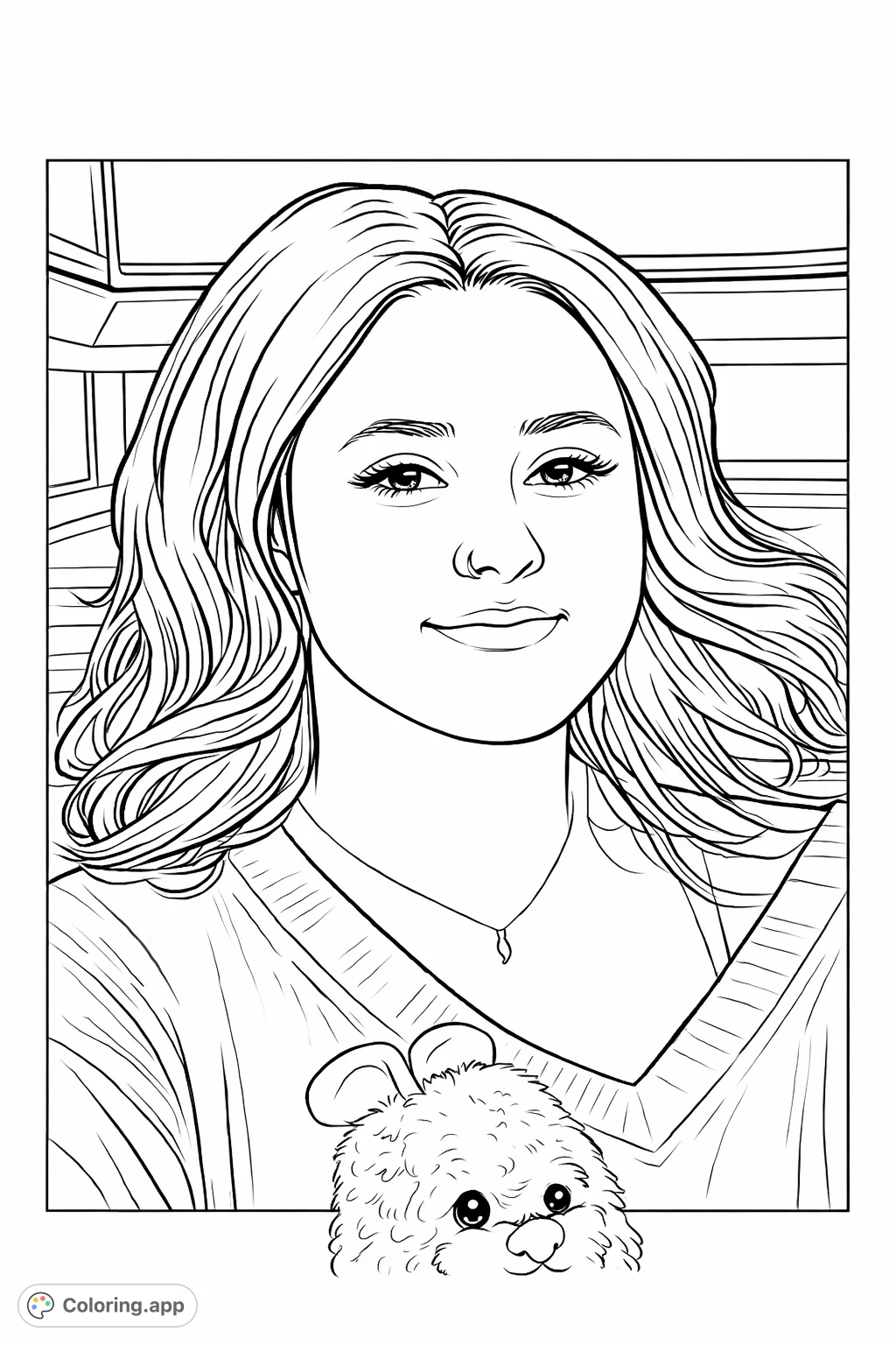 Capture the gentle expression of a young individual holding a plush toy. This portrait coloring page offers a charming scene to personalize with your creative touch.