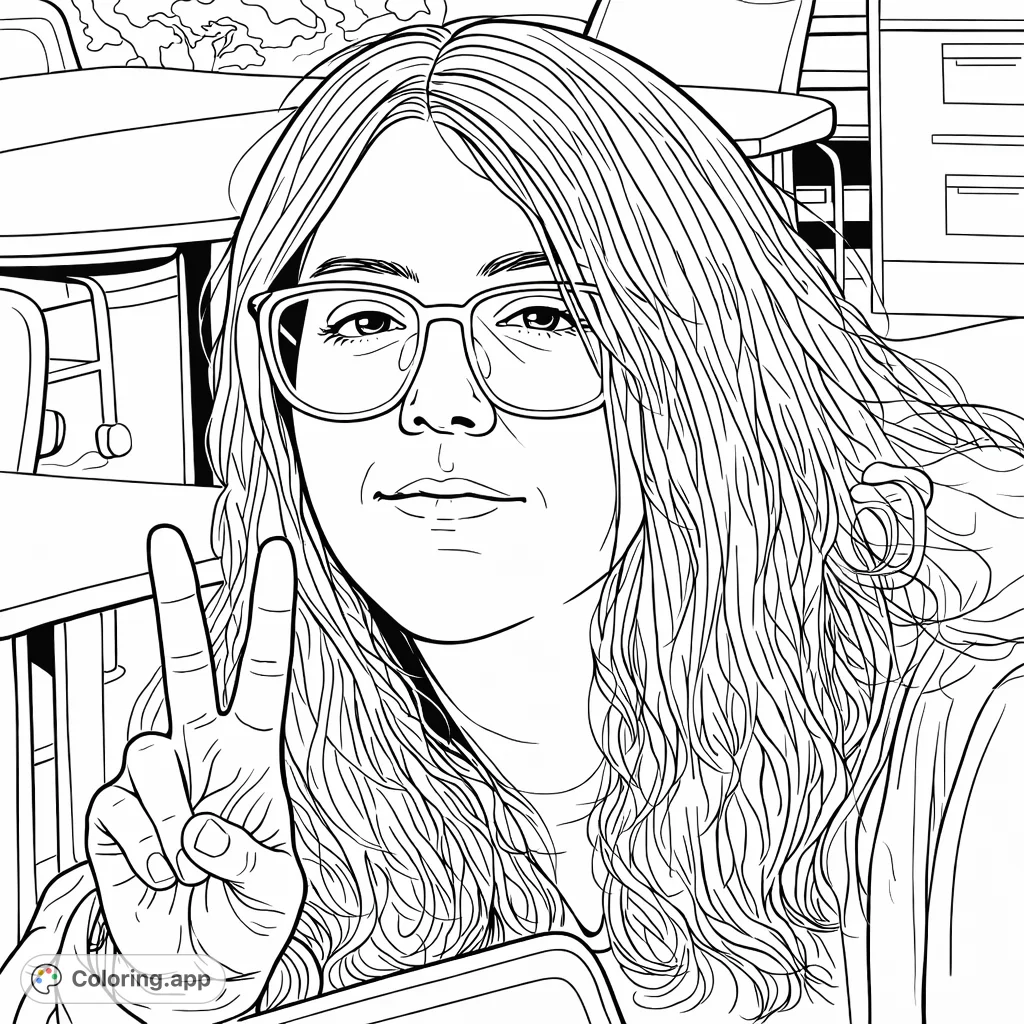 A friendly person with long hair and glasses holds up a peace sign, set in a casual indoor scene. Perfect for teens and adults to personalize.