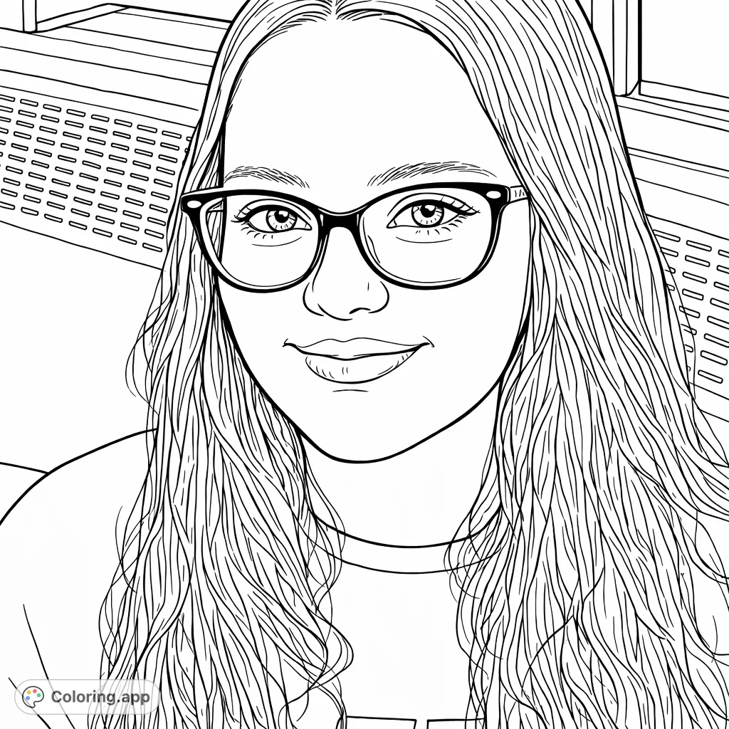 Capture the calm expression of a young person wearing glasses, with long flowing hair. This portrait offers a relaxing coloring experience, perfect for personalizing.