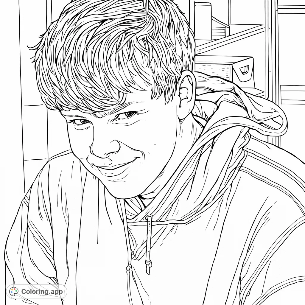 Capture the mischievous charm of a young individual with a sly smirk and detailed hooded sweatshirt, set against a simple background. Perfect for personalizing.