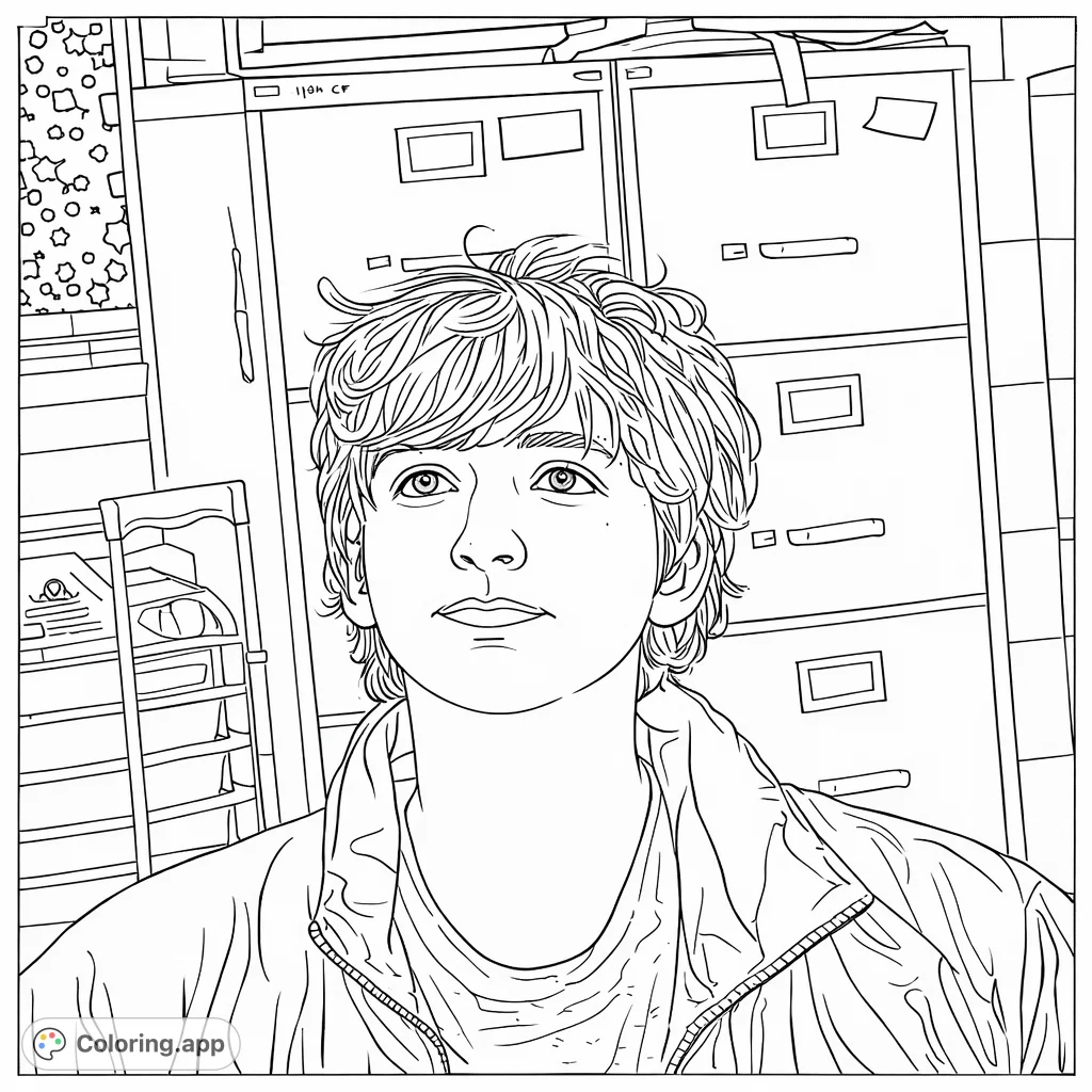 Color a detailed portrait of a young person with wavy hair and a jacket, set against a backdrop of school-style filing cabinets and a patterned wall.