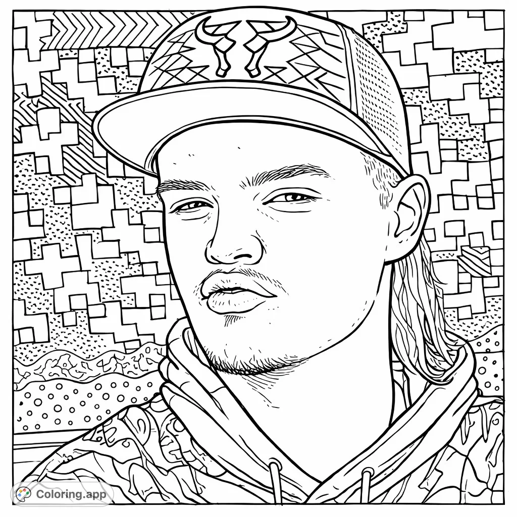 A detailed coloring page featuring a young man in a patterned cap and hoodie against an abstract background, offering a fun coloring challenge.