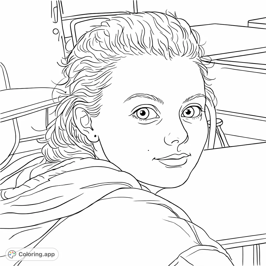 A realistic portrait coloring page featuring a young person with textured hair, looking back with a gentle smile in a structured classroom setting.