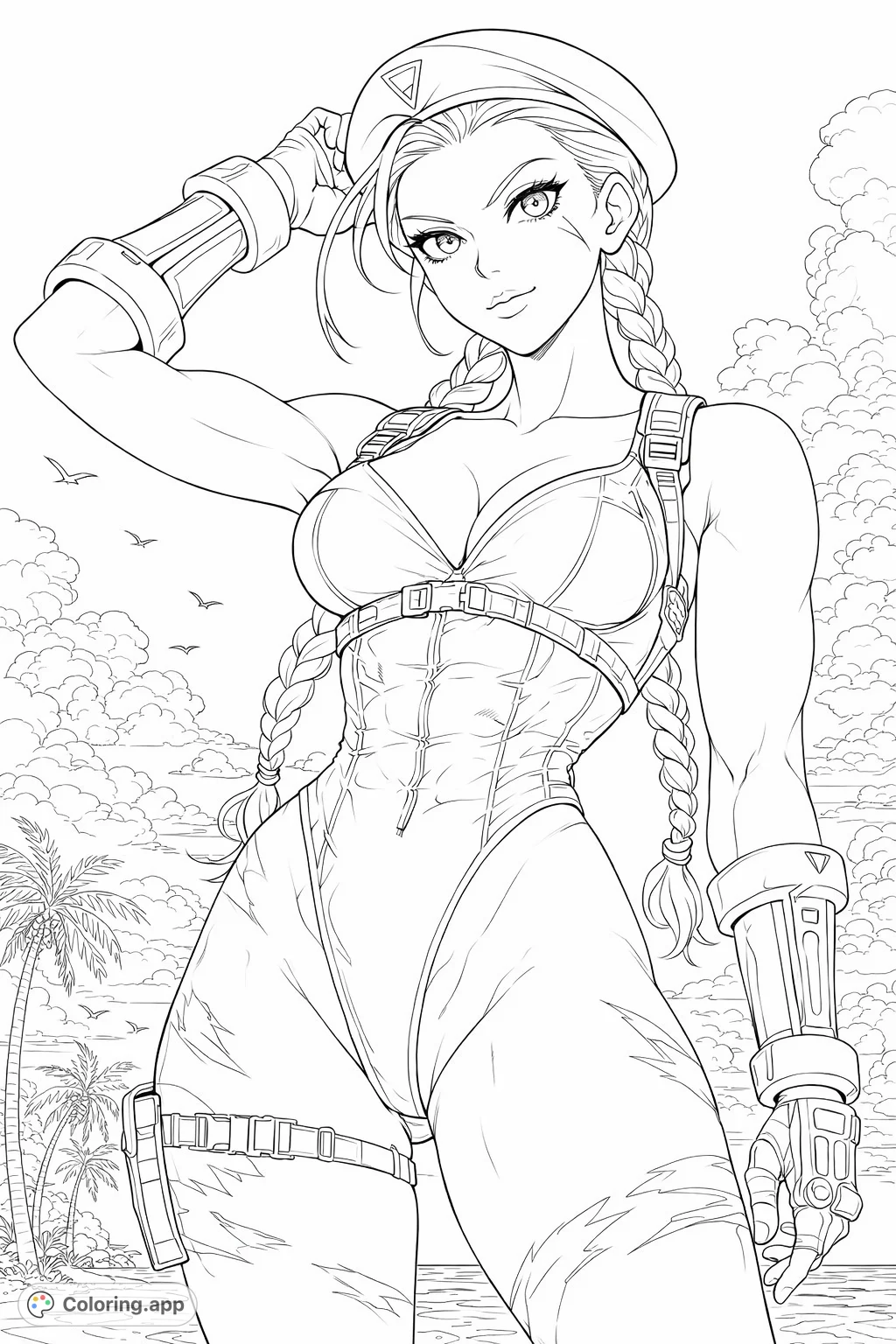 An anime-inspired warrior on a tropical beach, ready for action. This detailed page features a powerful female character amidst palm trees and ocean waves.