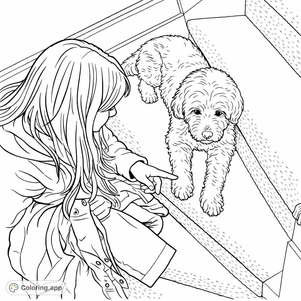 A heartwarming scene of a young person interacting with their fluffy dog on a carpeted staircase. Perfect for animal lovers of all ages.