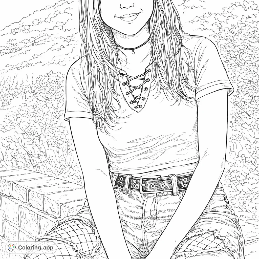 Capture contemporary style with this modern fashion coloring page. Featuring a detailed portrait of a person in ripped jeans, fishnets, and a lace-up top.
