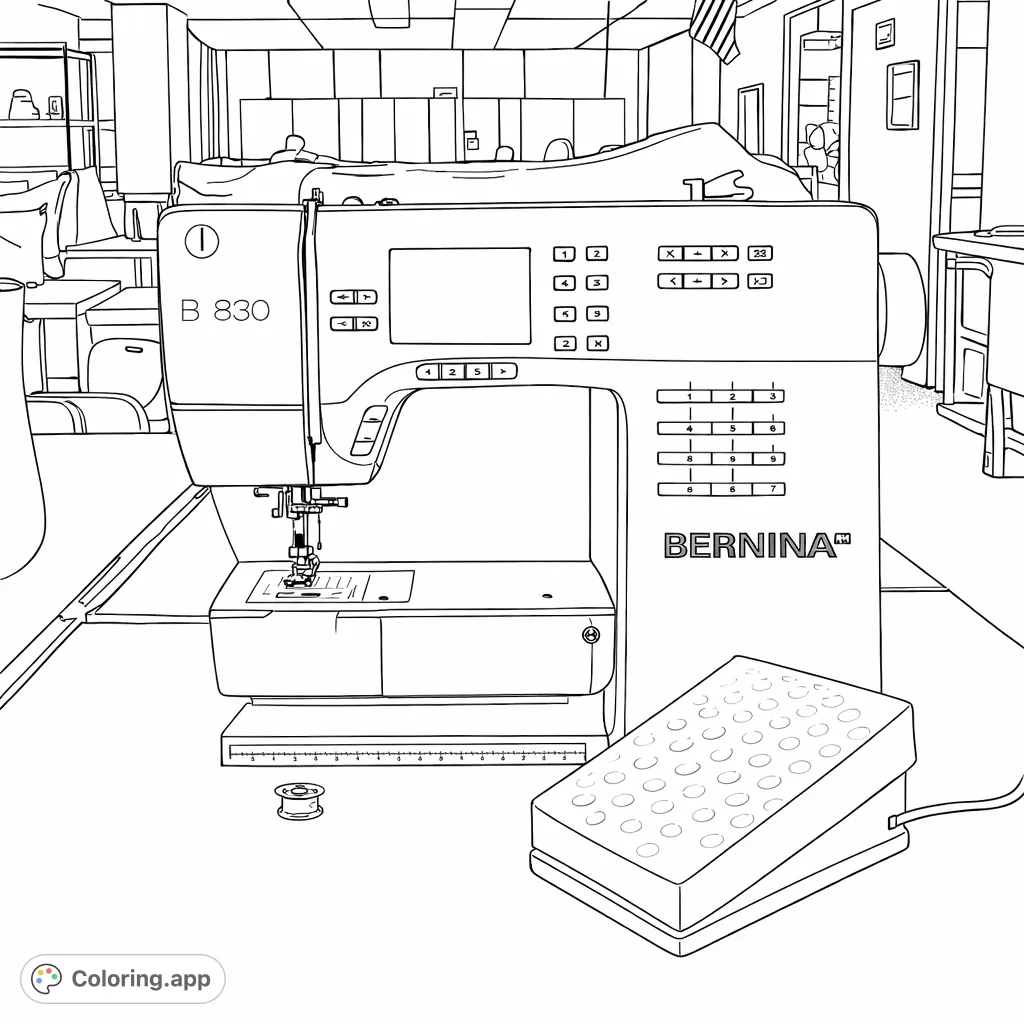 Explore a modern sewing machine in detail, complete with its control panel, needle, and foot pedal, set within a bustling workshop scene.